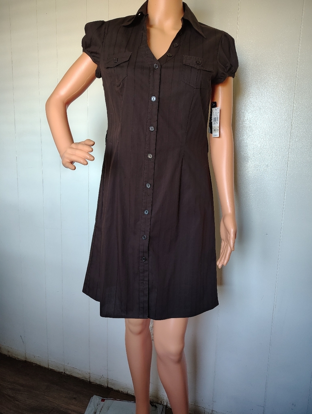 BCX Button-Front Short Sleeve Shirt Dress — Dark Brown Size M